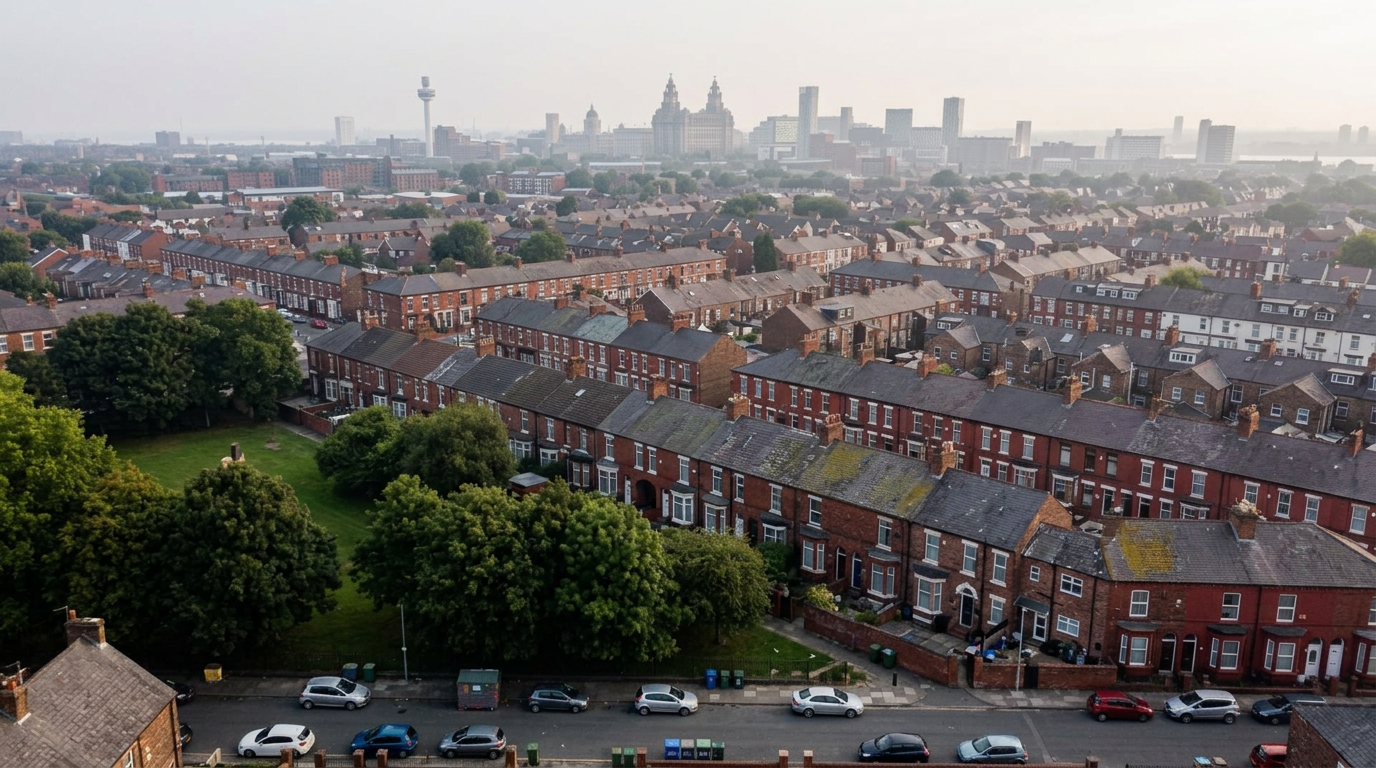 Aerial view of a Liverpool residential street at golden hour
